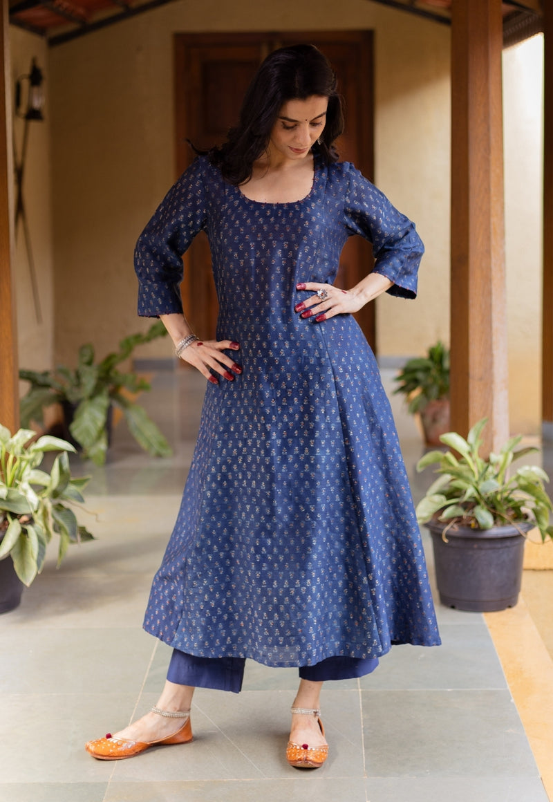 Adara Dark Indigo Ajrakh Chanderi Silk Kali Kurta with Hand Embroidery