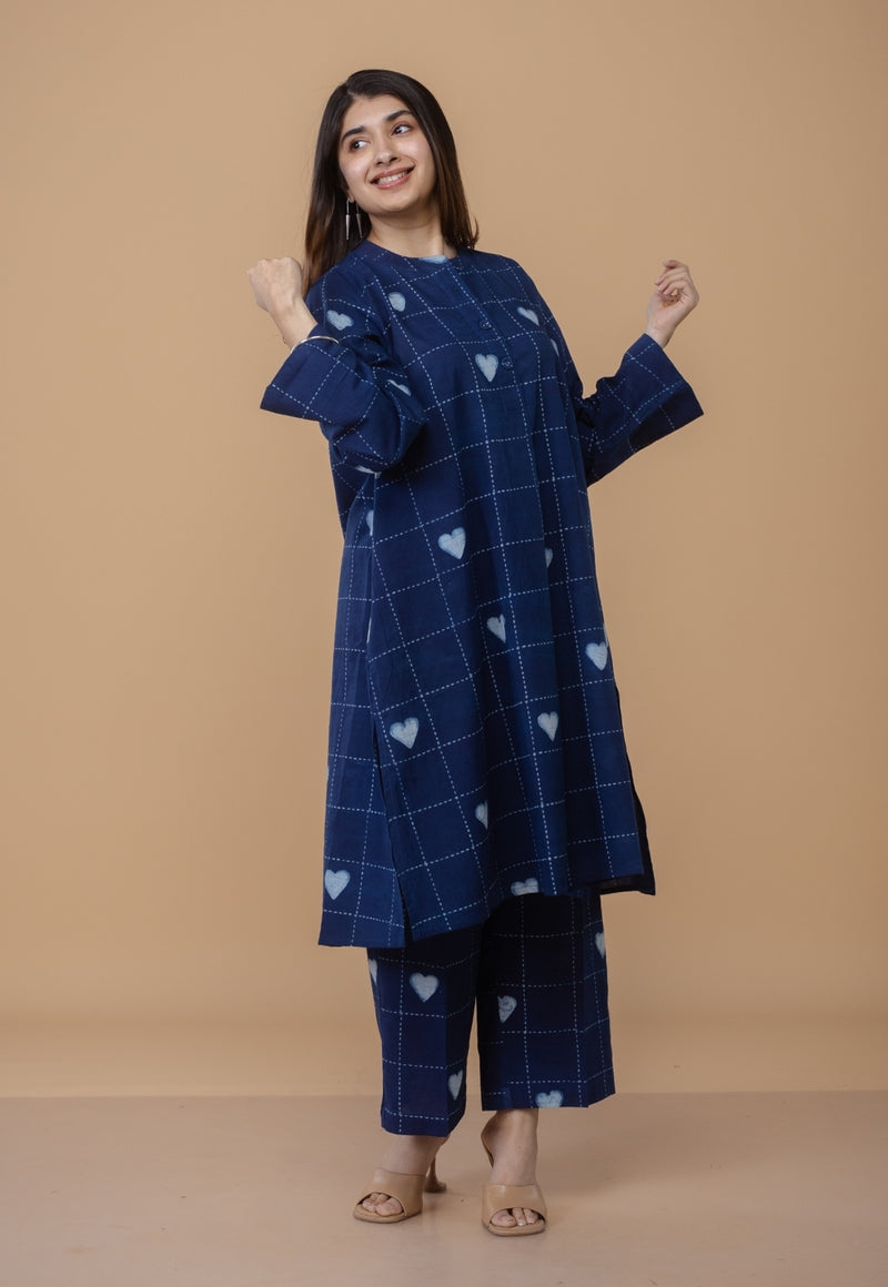 Ayaat Blue Dabu Cotton Straight Co-Ord Set