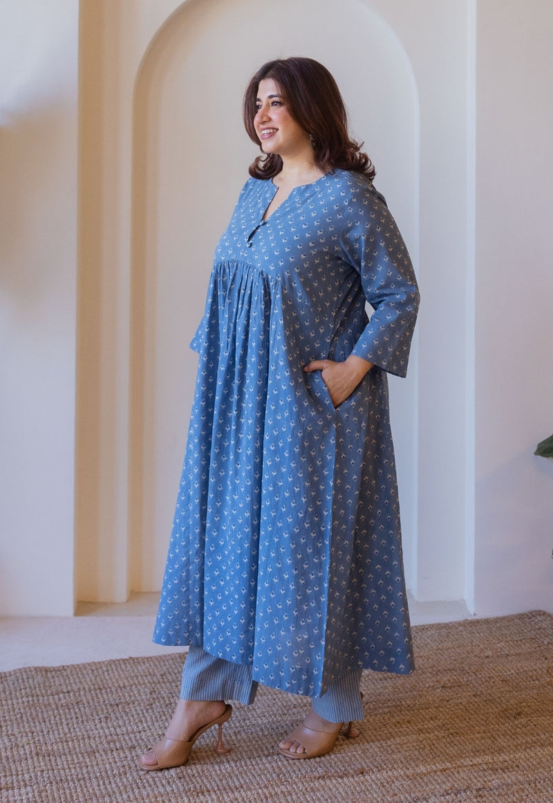 Apurva Blue Cotton Ajrakh A Line Kurta