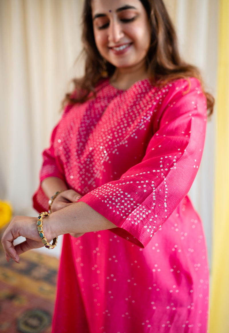 Arna Bandhani Chanderi Silk Kurta with Mukaish Detailing