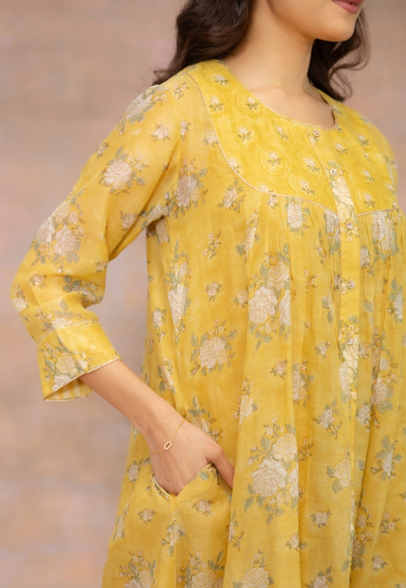 Rosa Yellow Sanganeri Chanderi Silk A Line Kurta with Hand Embroidery and Slip