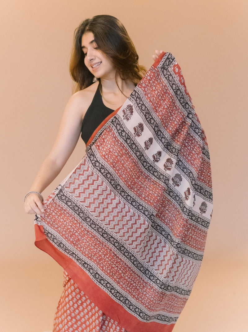 Red Butti Bagru Hand Block Print Modal Saree