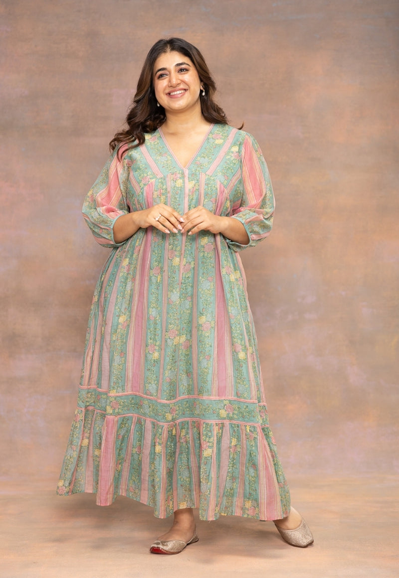 Rosy Blue Sanganeri Chanderi Silk A Line Dress with Hand Embroidery