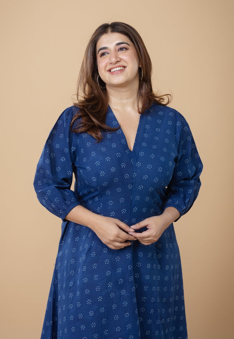 Eyza Blue Dabu Cotton A Line Dress