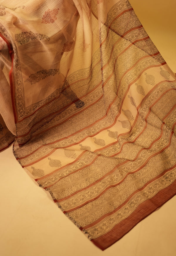 Beige Butta Bagru Hand Block Print Kota Doria Saree