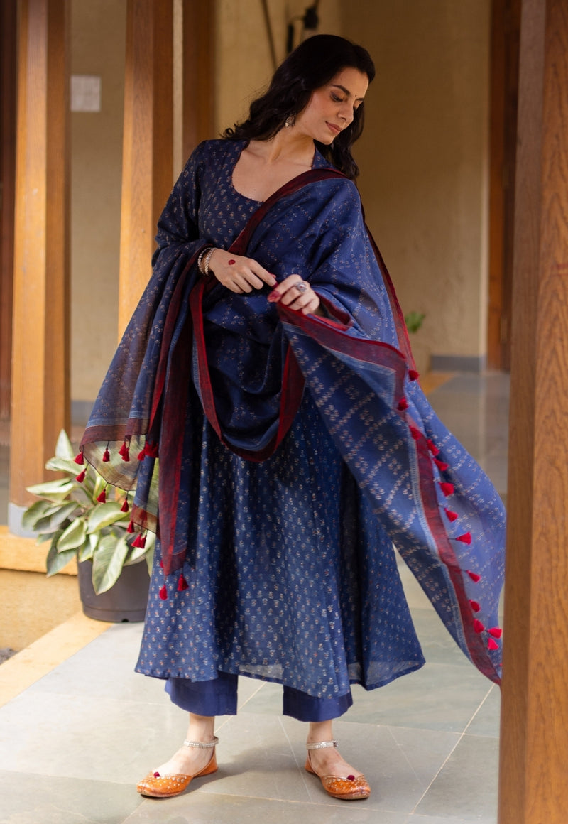 Adara Dark Indigo Ajrakh Chanderi Silk Kali Kurta with Hand Embroidery