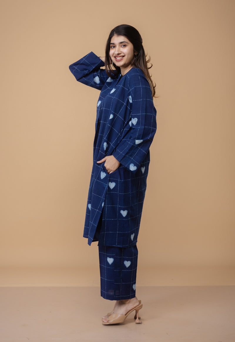 Ayaat Blue Dabu Cotton Straight Co-Ord Set