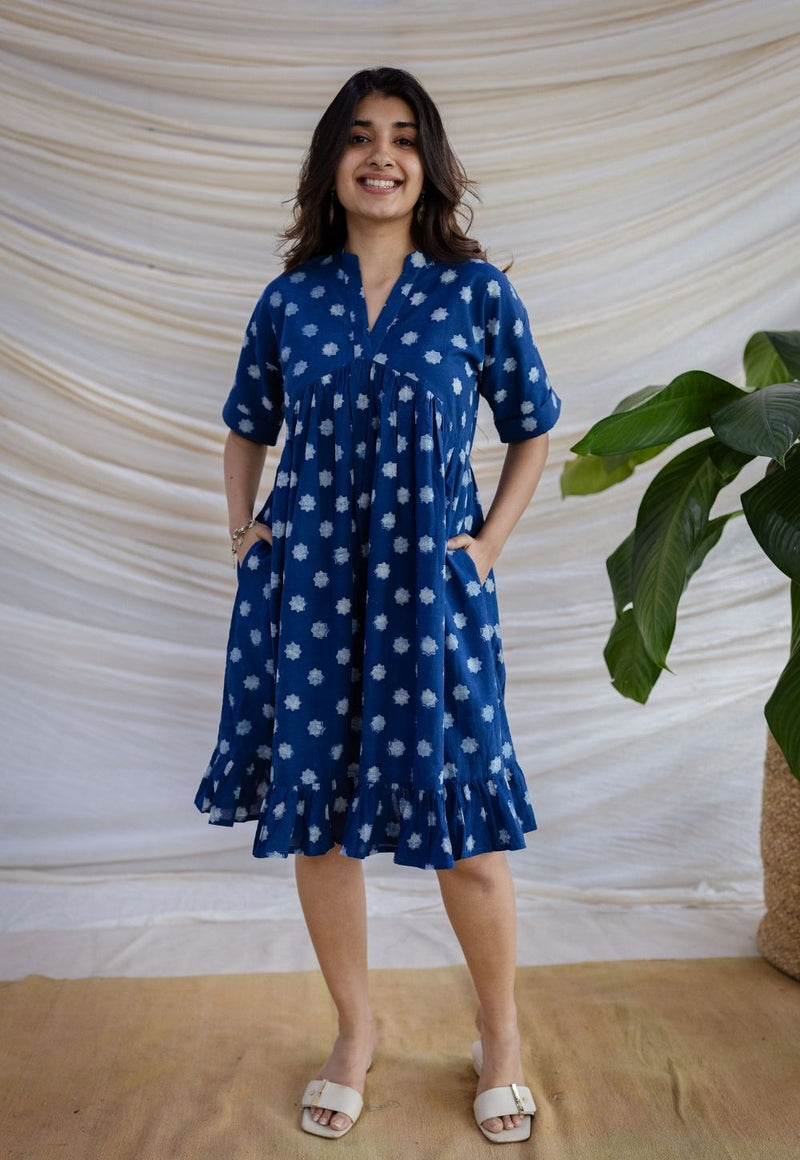 Nyla Indigo Dabu Cotton A Line Dress