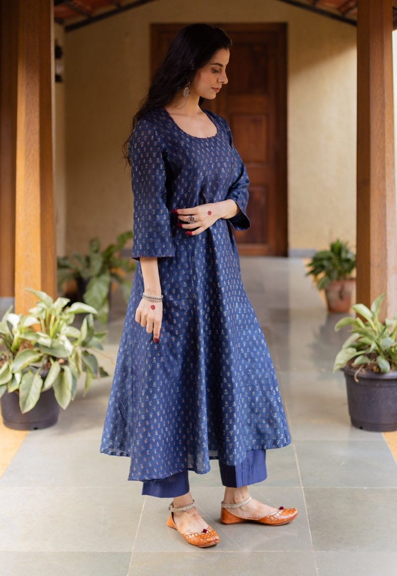 Adara Dark Indigo Ajrakh Chanderi Silk Kali Kurta with Hand Embroidery