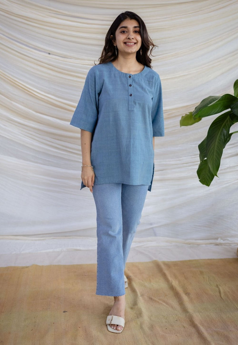 Rahie Blue Solid Organic Cotton Short Top