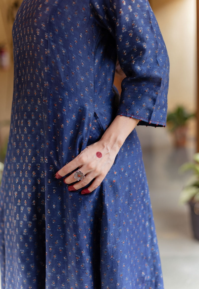 Adara Dark Indigo Ajrakh Chanderi Silk Kali Kurta with Hand Embroidery