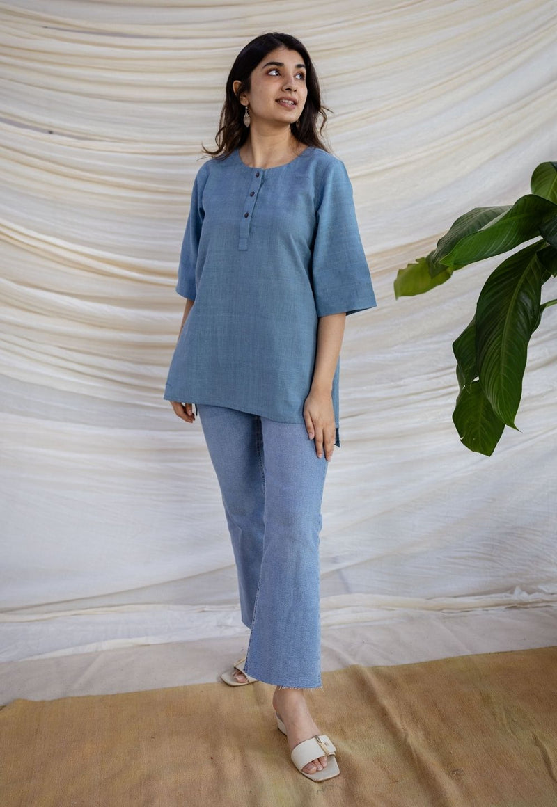 Rahie Blue Solid Organic Cotton Short Top