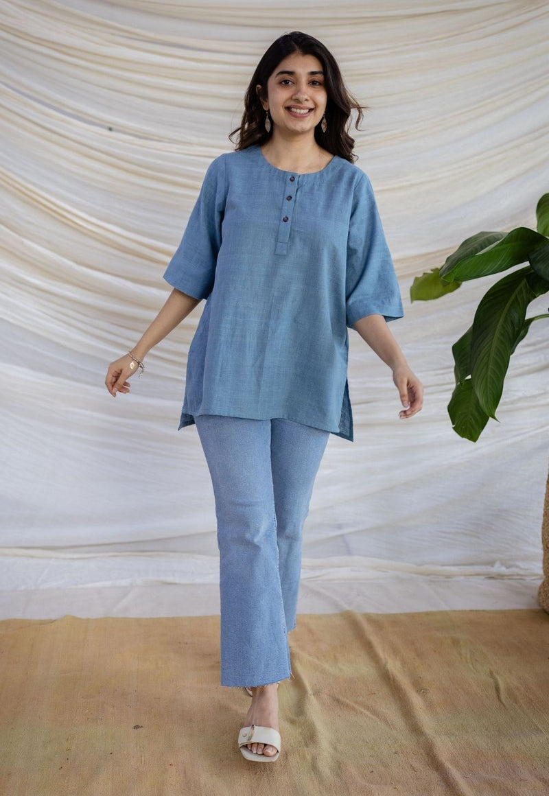 Rahie Blue Solid Organic Cotton Short Top