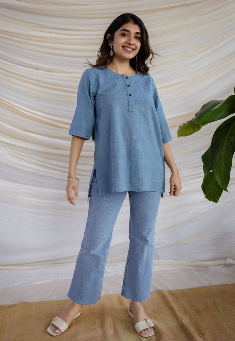 Rahie Blue Solid Organic Cotton Short Top