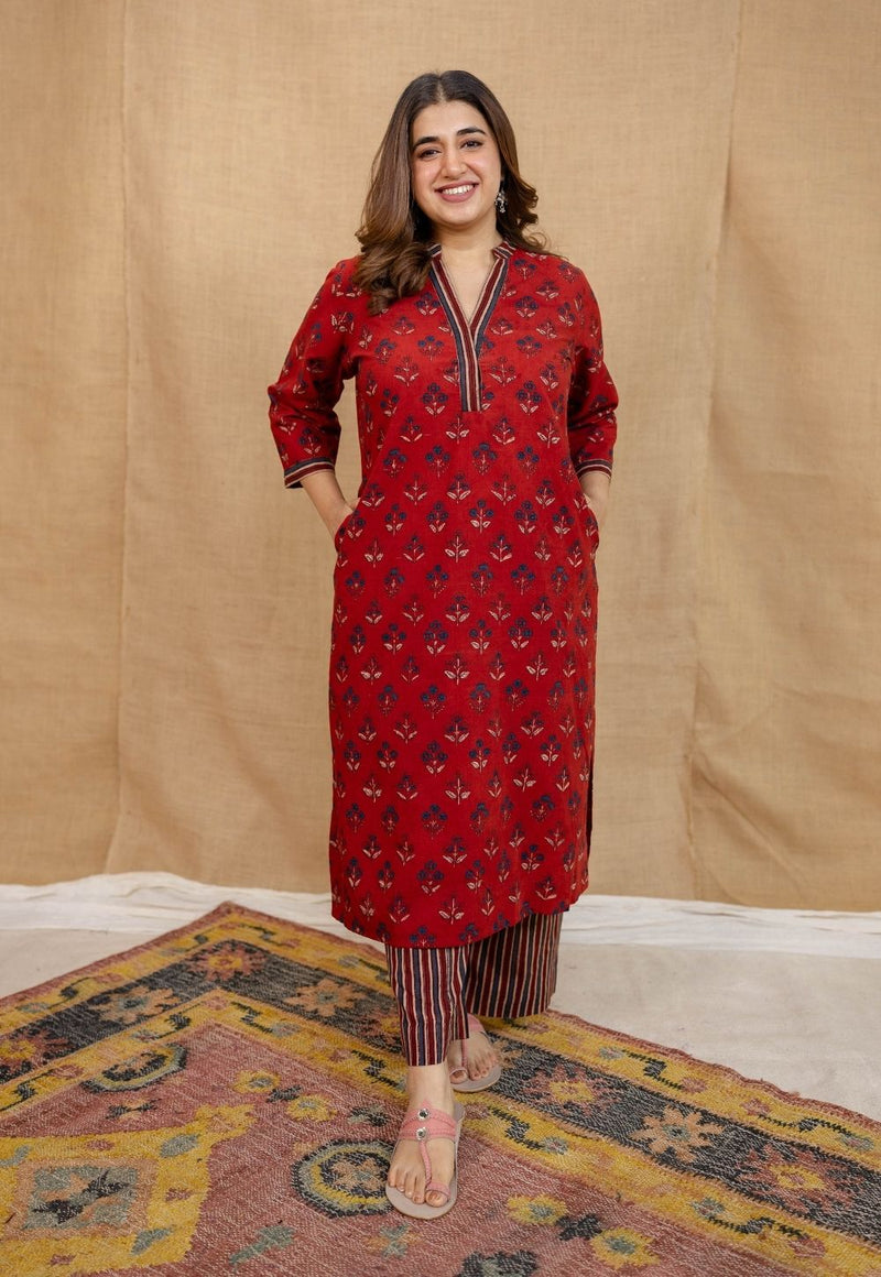 Yanha Red Ajrakh Cotton Straight Kurta