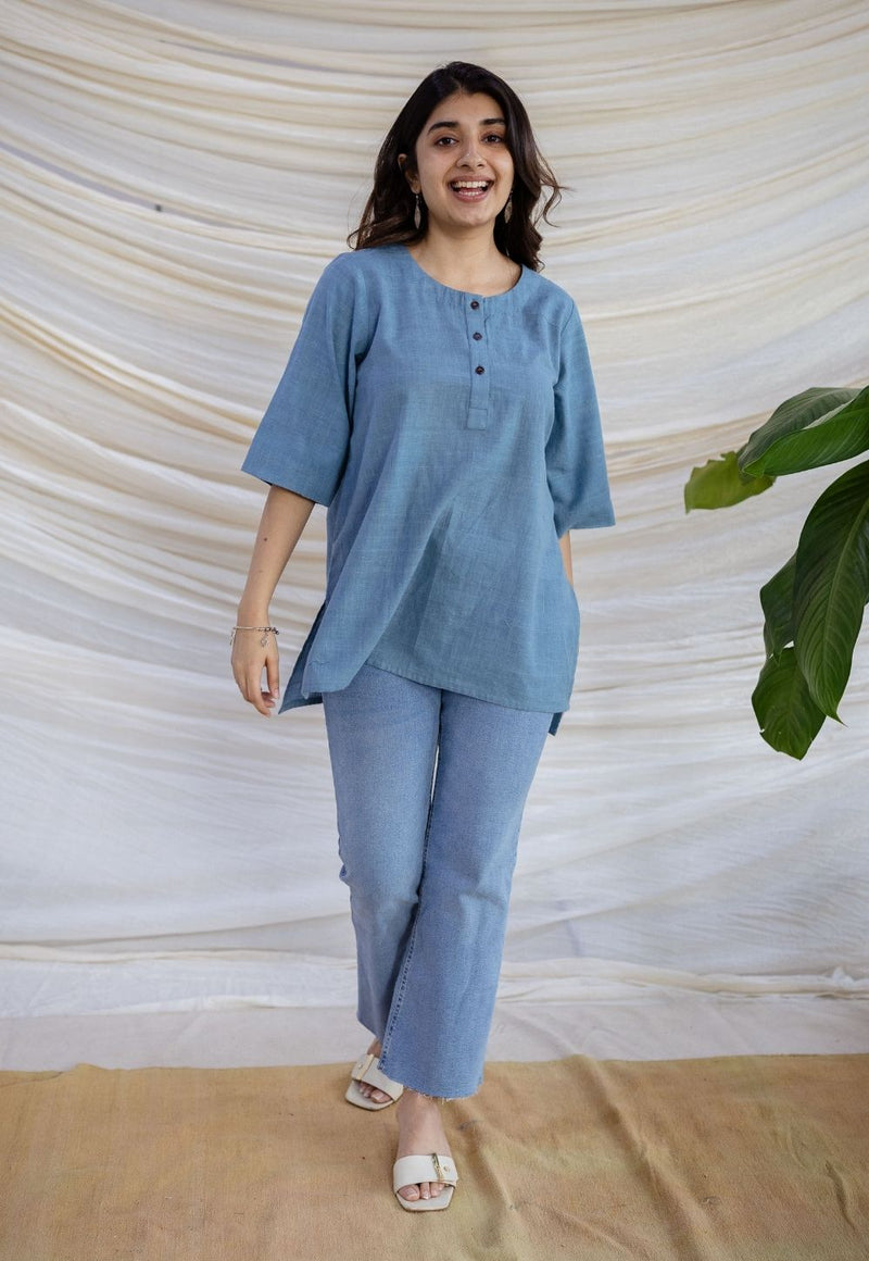 Rahie Blue Solid Organic Cotton Short Top