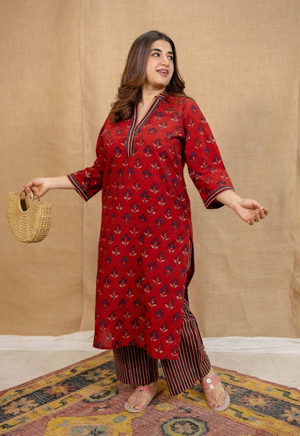 Yanha Red Ajrakh Cotton Straight Kurta