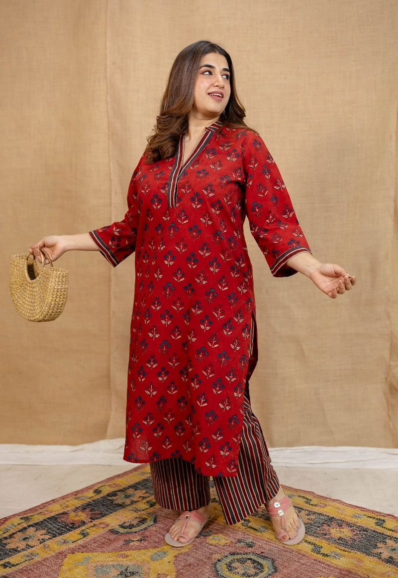 Yanha Red Ajrakh Cotton Straight Kurta