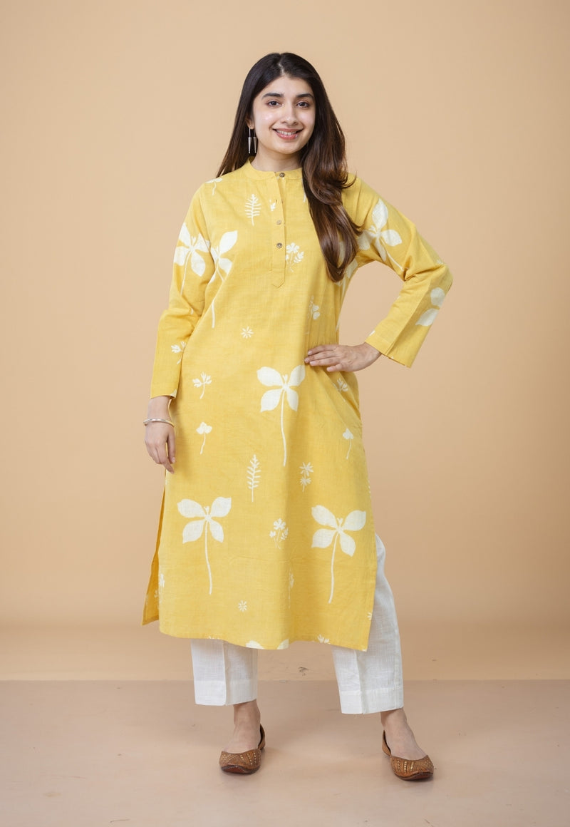 Azha Yellow Dabu Slub Cotton Straight Kurta