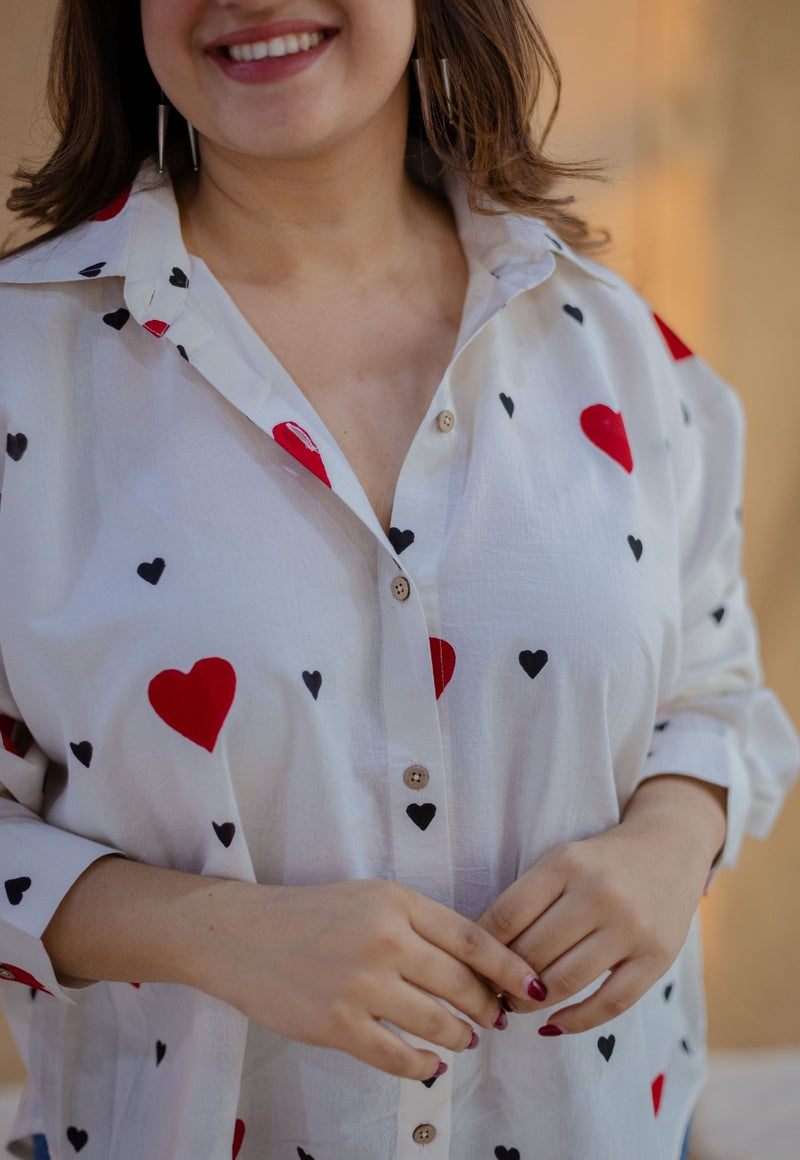 Ruhi White Block Printed Cotton Loose Shirt