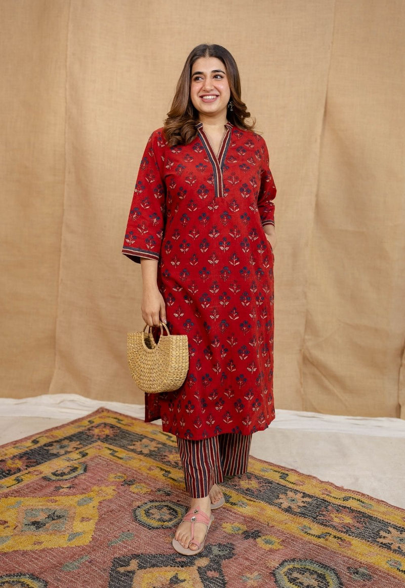 Yanha Red Ajrakh Cotton Straight Kurta