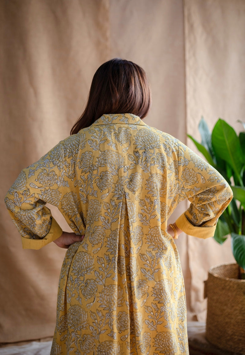 Rasia Yellow A Line Dabu Slub Cotton Jacket