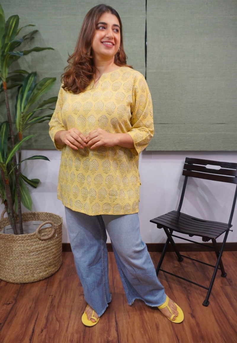 Yellow Dabu Slub Cotton Top