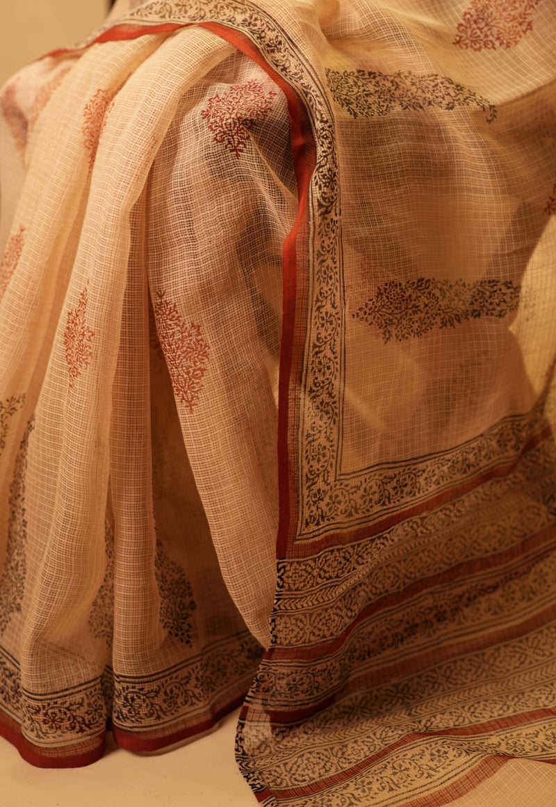Beige Butta Bagru Hand Block Print Kota Doria Saree