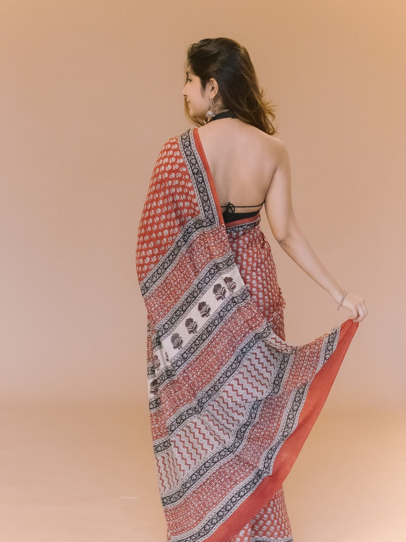 Red Butti Bagru Hand Block Print Modal Saree