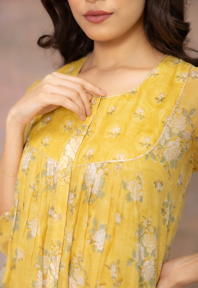 Rosa Yellow Sanganeri Chanderi Silk A Line Kurta with Hand Embroidery and Slip