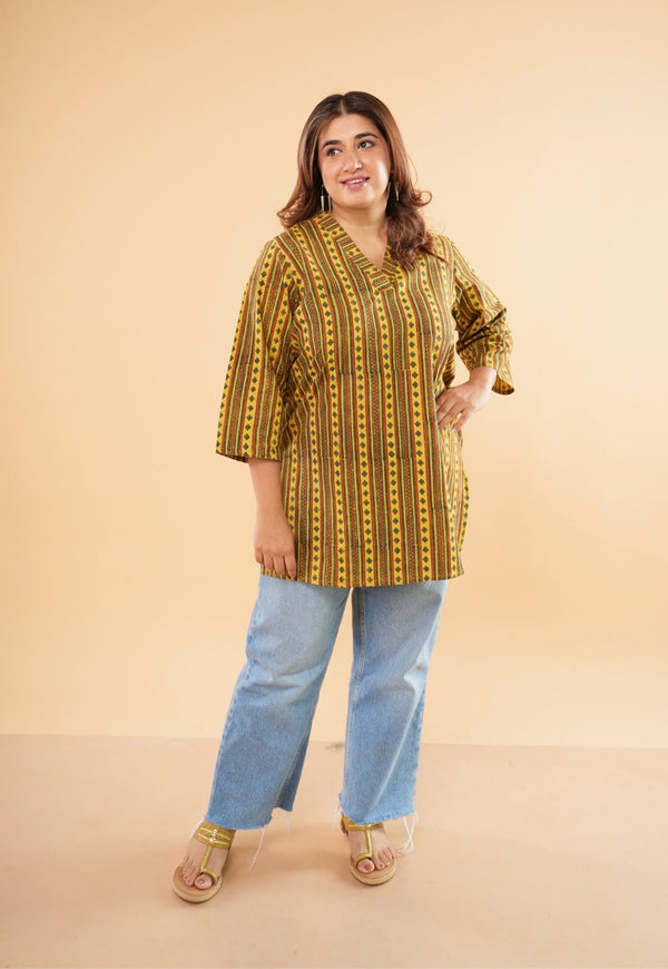 Alisha Yellow Ajrakh Cotton Straight Short Top