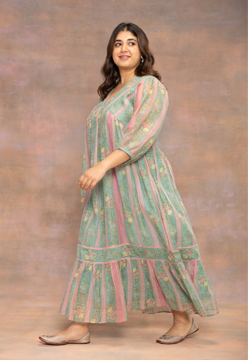 Rosy Blue Sanganeri Chanderi Silk A Line Dress with Hand Embroidery