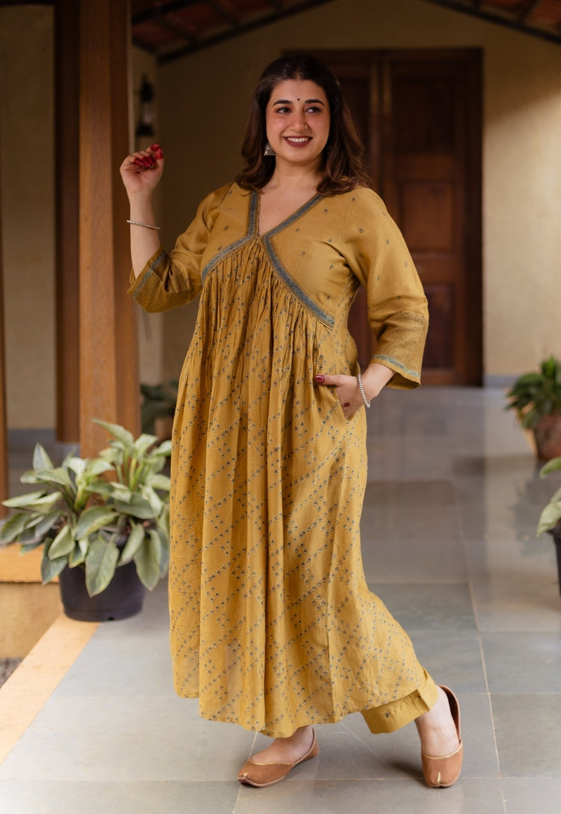 Yashi Mustard Ajrakh Chanderi Silk Straight Pant