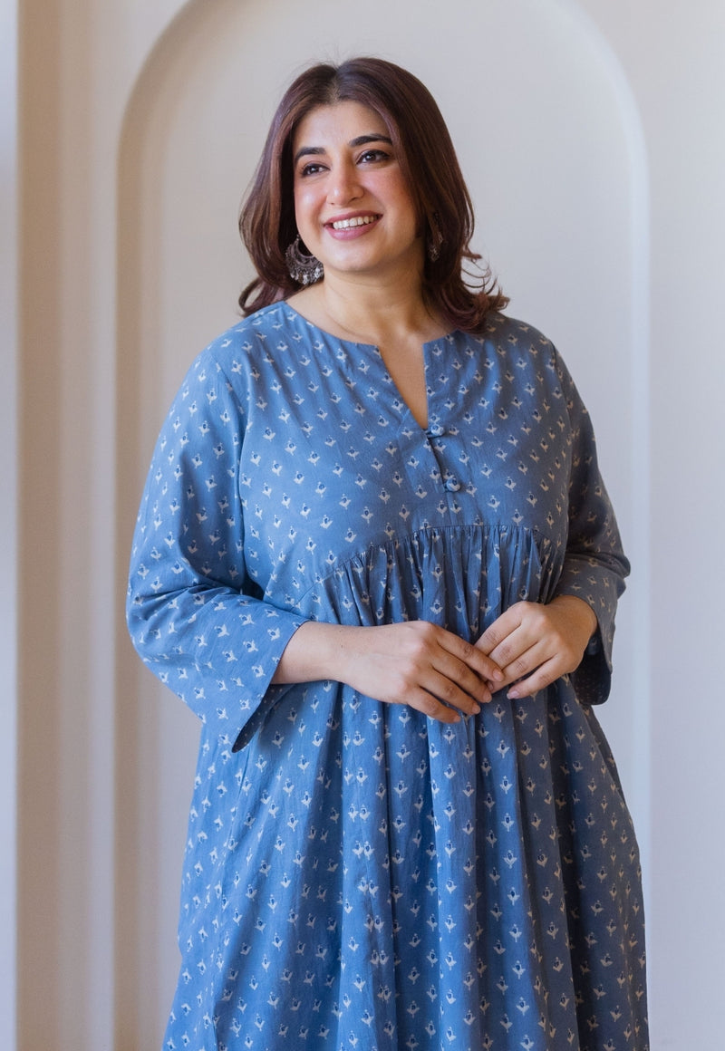 Apurva Blue Cotton Ajrakh A Line Kurta