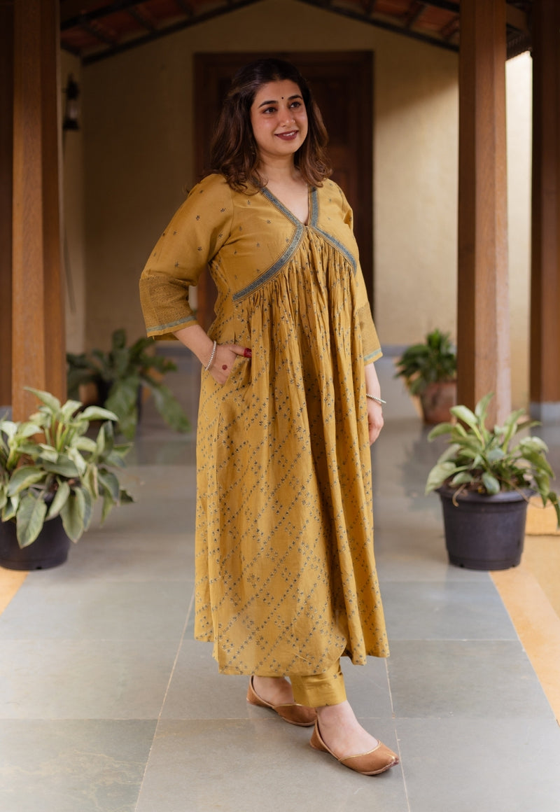 Mehek Mustard Ajrakh Chanderi Silk A Line Kurta with Hand Embroidery