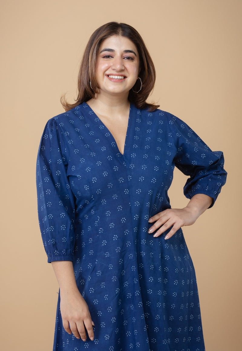 Eyza Blue Dabu Cotton A Line Dress