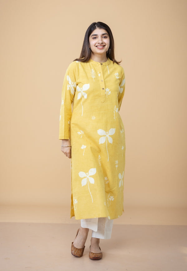 Azha Yellow Dabu Slub Cotton Straight Kurta