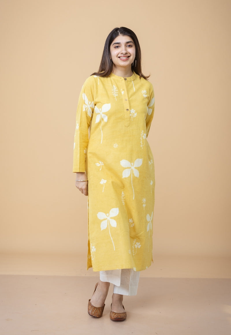 Azha Yellow Dabu Slub Cotton Straight Kurta