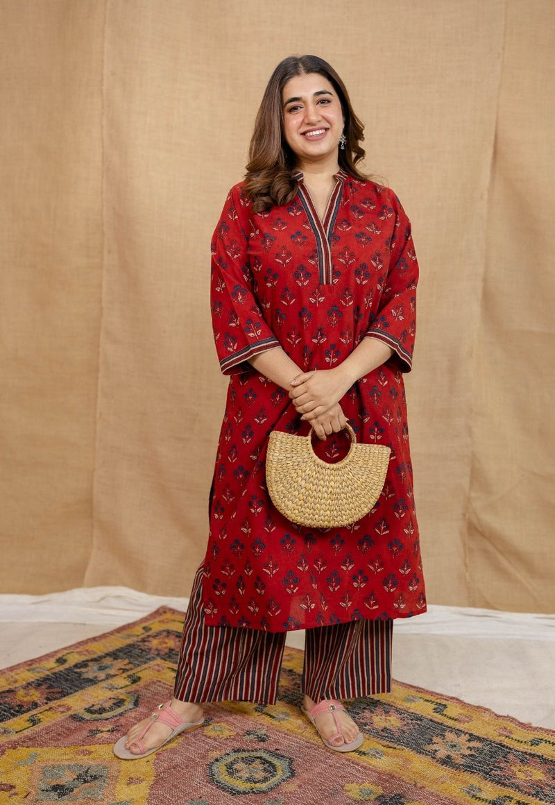 Yanha Red Ajrakh Cotton Straight Kurta