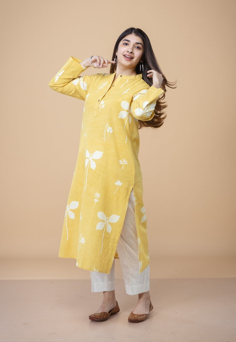 Azha Yellow Dabu Slub Cotton Straight Kurta