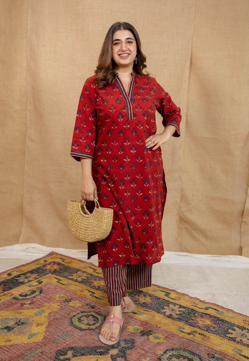 Yanha Red Ajrakh Cotton Straight Kurta