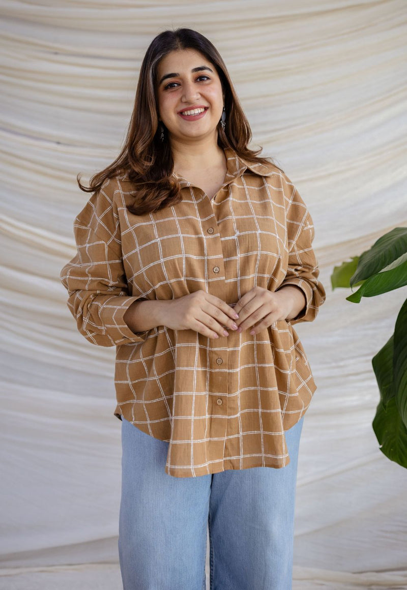 Ruhi Brown Dabu Slub Cotton Loose Shirt