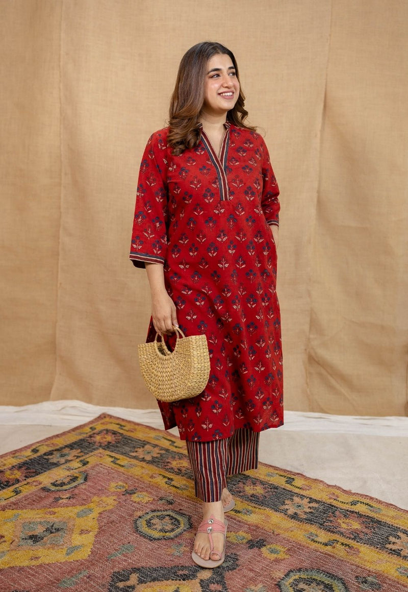 Yanha Red Ajrakh Cotton Straight Kurta