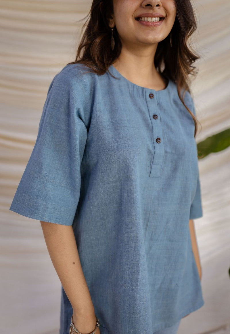 Rahie Blue Solid Organic Cotton Short Top