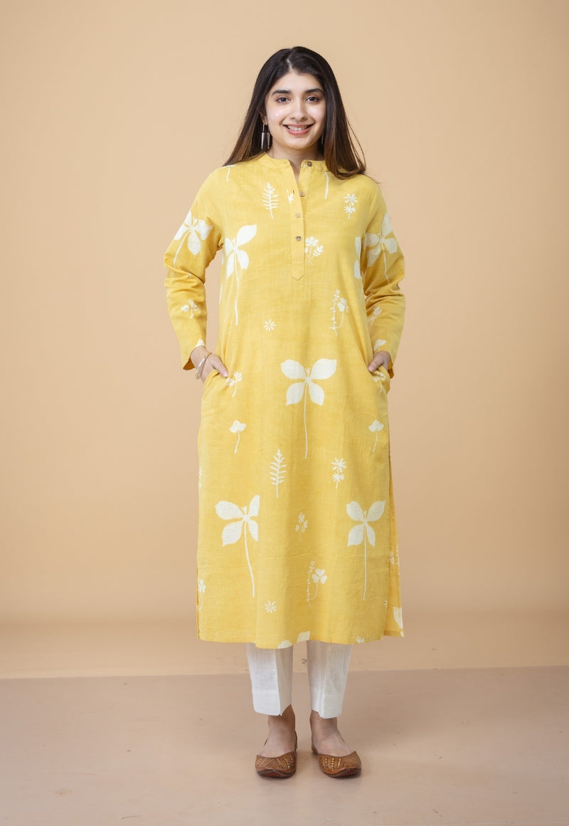 Azha Yellow Dabu Slub Cotton Straight Kurta