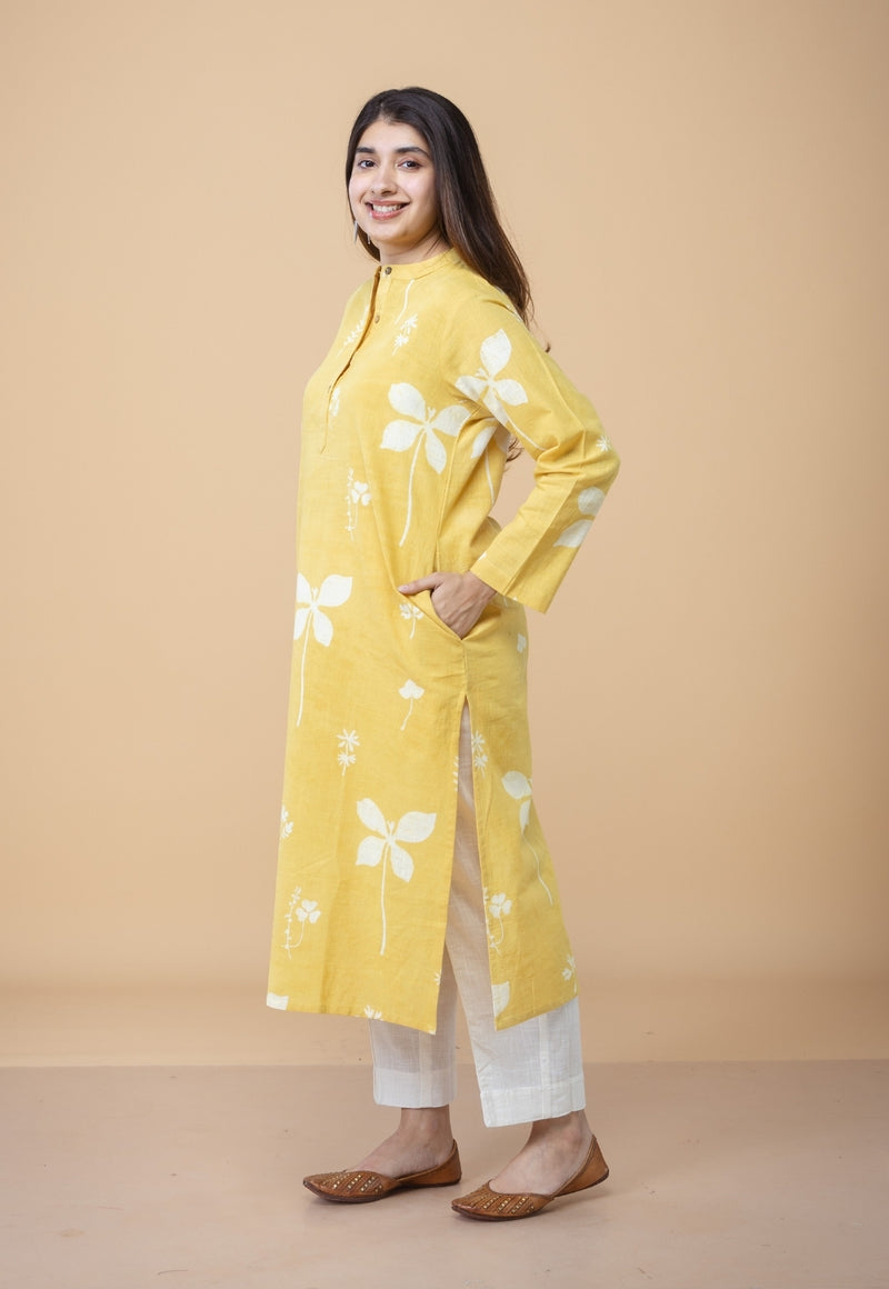 Azha Yellow Dabu Slub Cotton Straight Kurta