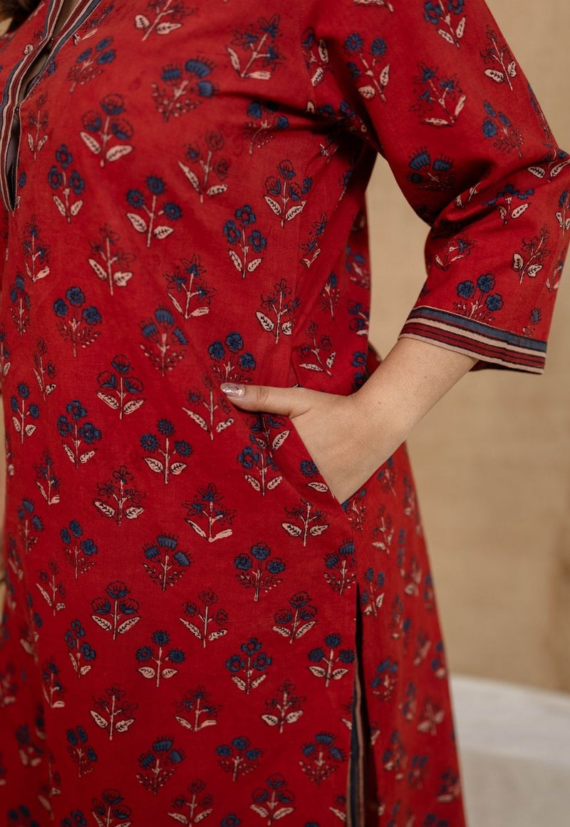 Yanha Red Ajrakh Cotton Straight Kurta