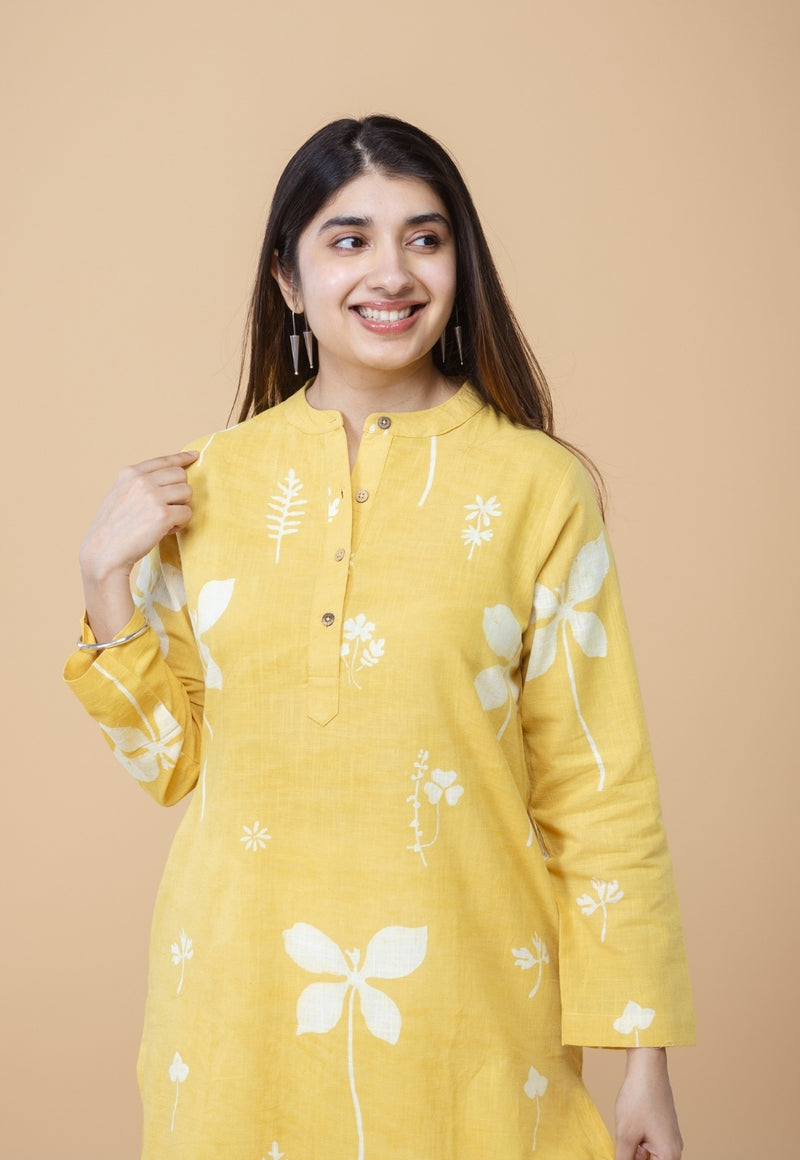 Azha Yellow Dabu Slub Cotton Straight Kurta