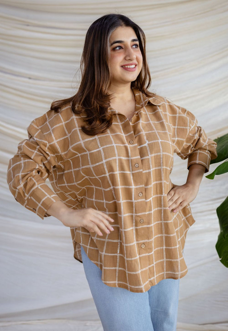 Ruhi Brown Dabu Slub Cotton Loose Shirt