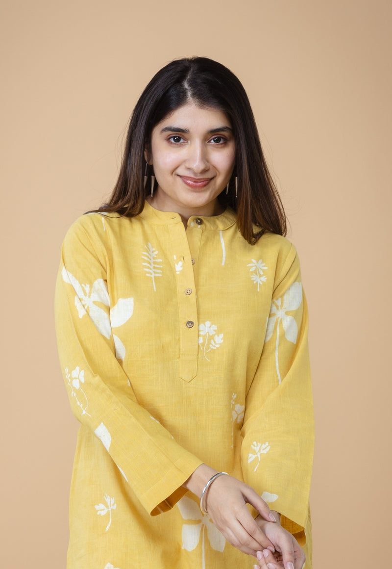 Azha Yellow Dabu Slub Cotton Straight Kurta